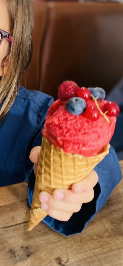 Un bon sorbet en cornet avec quelques fuits rouges