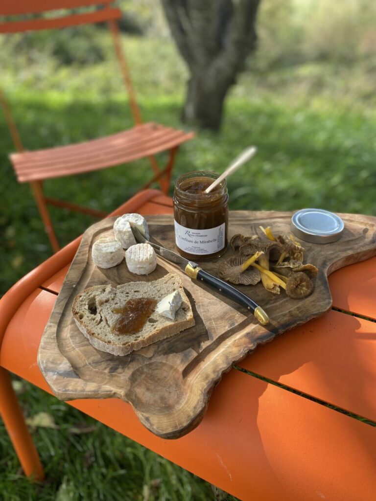 Du fromage, de la confiture de mirabelles, du pain et une belle table au soleil